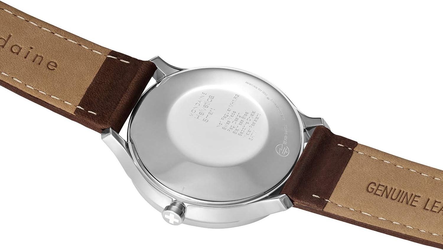 مؤخرة view of the Mondaine Helvetica Regular Smart Watch, showing the stainless steel case back and genuine leather strap