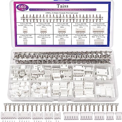 Taiss 560PCS 2.54mm JST-XH Connector Kit 2.54mm 2/3/4/5/6 Pin Housing Female and Male Adapter Cable Connector Plug,JST Connector Female Pin Head Connector Adapter Plug