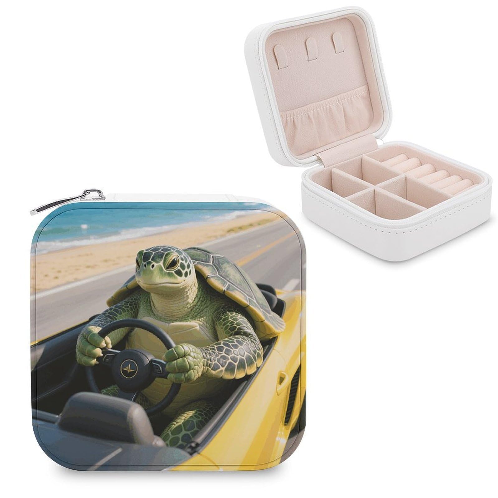 VstaDank Green Sea Turtle Animal Driving Car Jewelry Box for Women Jewelry Organizer Storage Case with Zipper Mini Travel Jewelry Case Cute Trinket Organizer Leather Portable Jewelry Storage Box