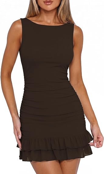 Womens Summer Mini Dress Bodycon Graduation Cocktail Short Dress Sleeveless Boat Neck Ruffle Party Club Dresses