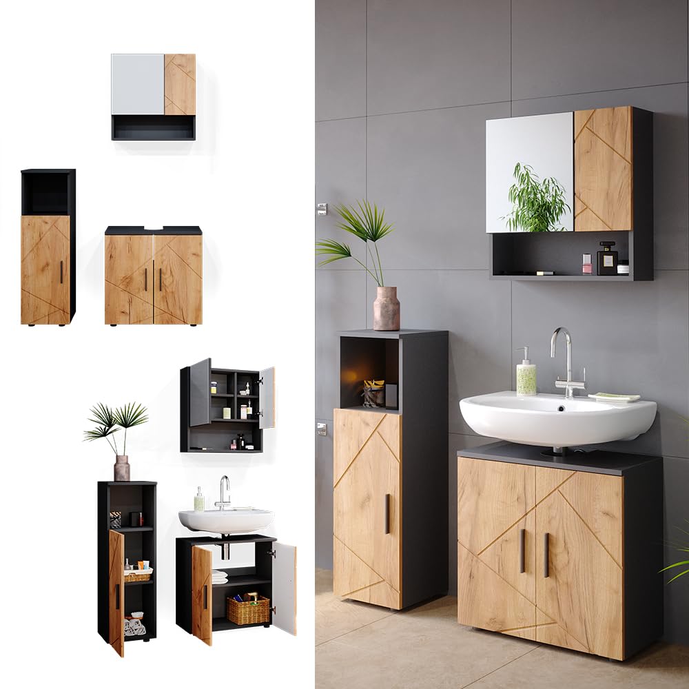 Vicco Set mobili bagno Irma, Rovere dorato/antracite, 80 cm, composto da mobile sottolavabo, specchiera e mobile medio