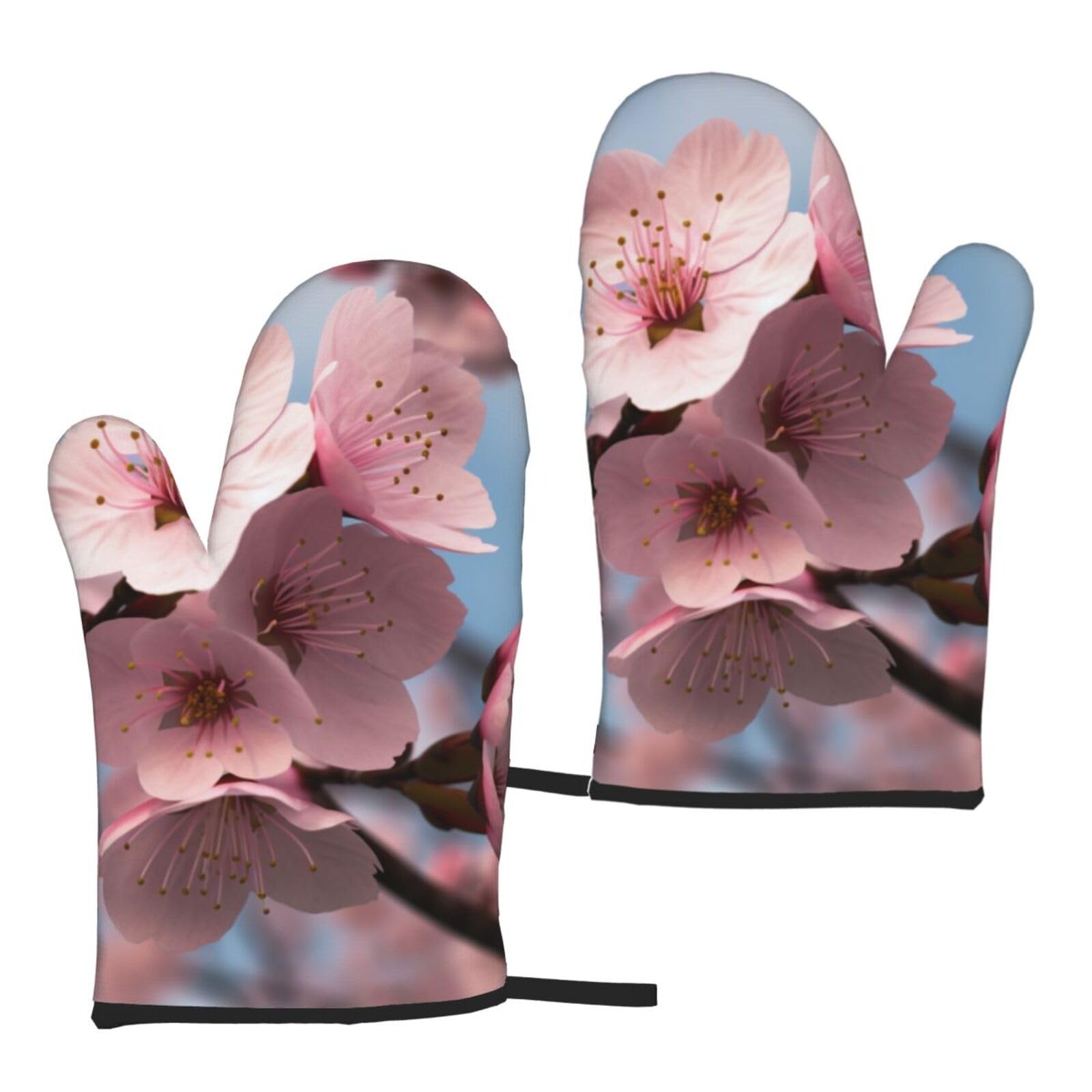 Cherry Blossoms prin Printed Oven Mitts Sets 2 PCS Heat Resistant and Non-Slip Glove Potholder for Kitchen Cooking Baking Grilling