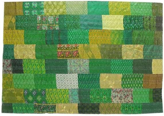 Indian King Silk Patola Patchwork Kantha Quilt Bedspreads Throw Blanket Bohemian Bedspread Bohemian Bedding Handmade Kantha Quilt (Green, Twin 60" x 90")