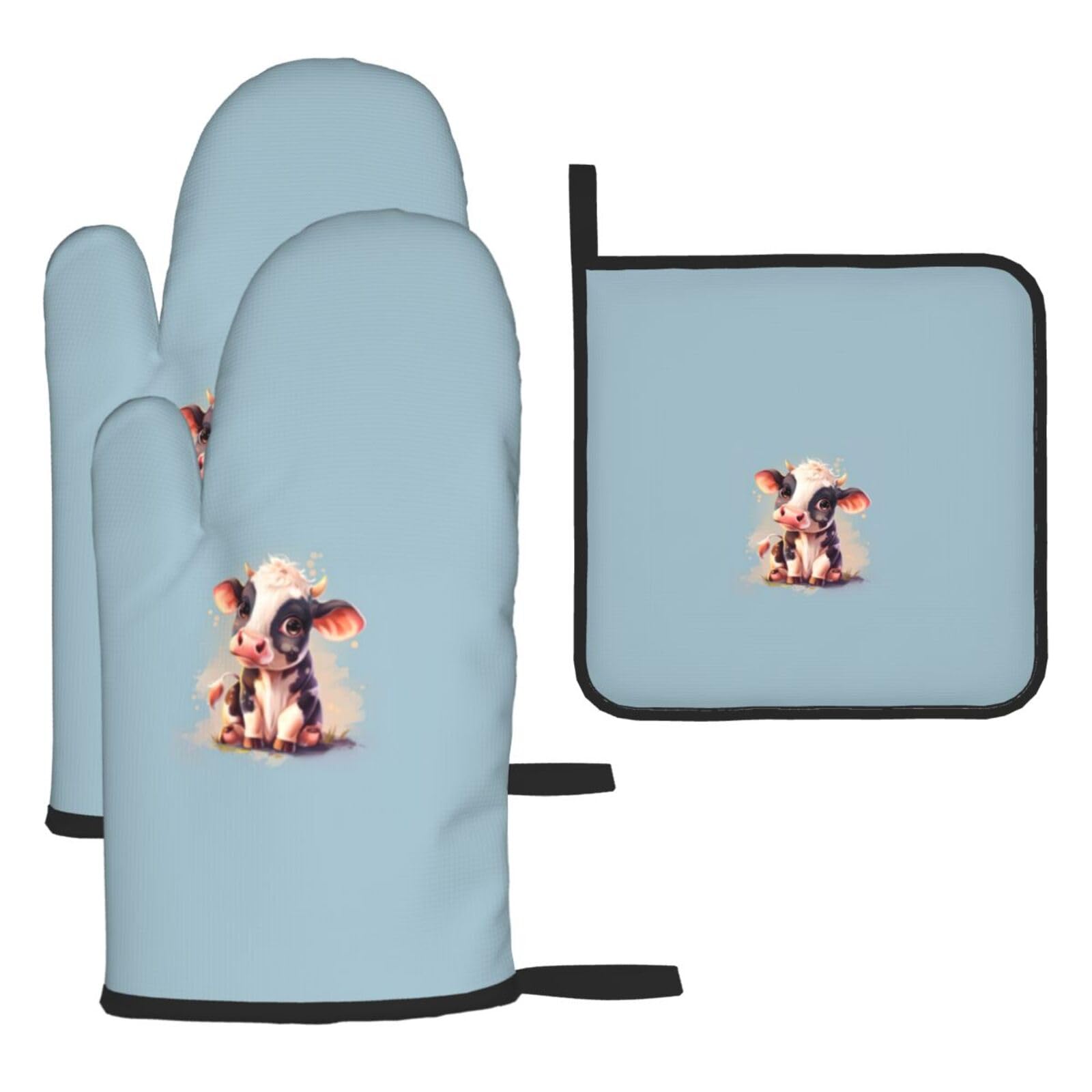 Cute Cow Print Oven Kitchen Gloves For Baking Outdoor Grilling Home Use Mitts Microwaving Bbq
