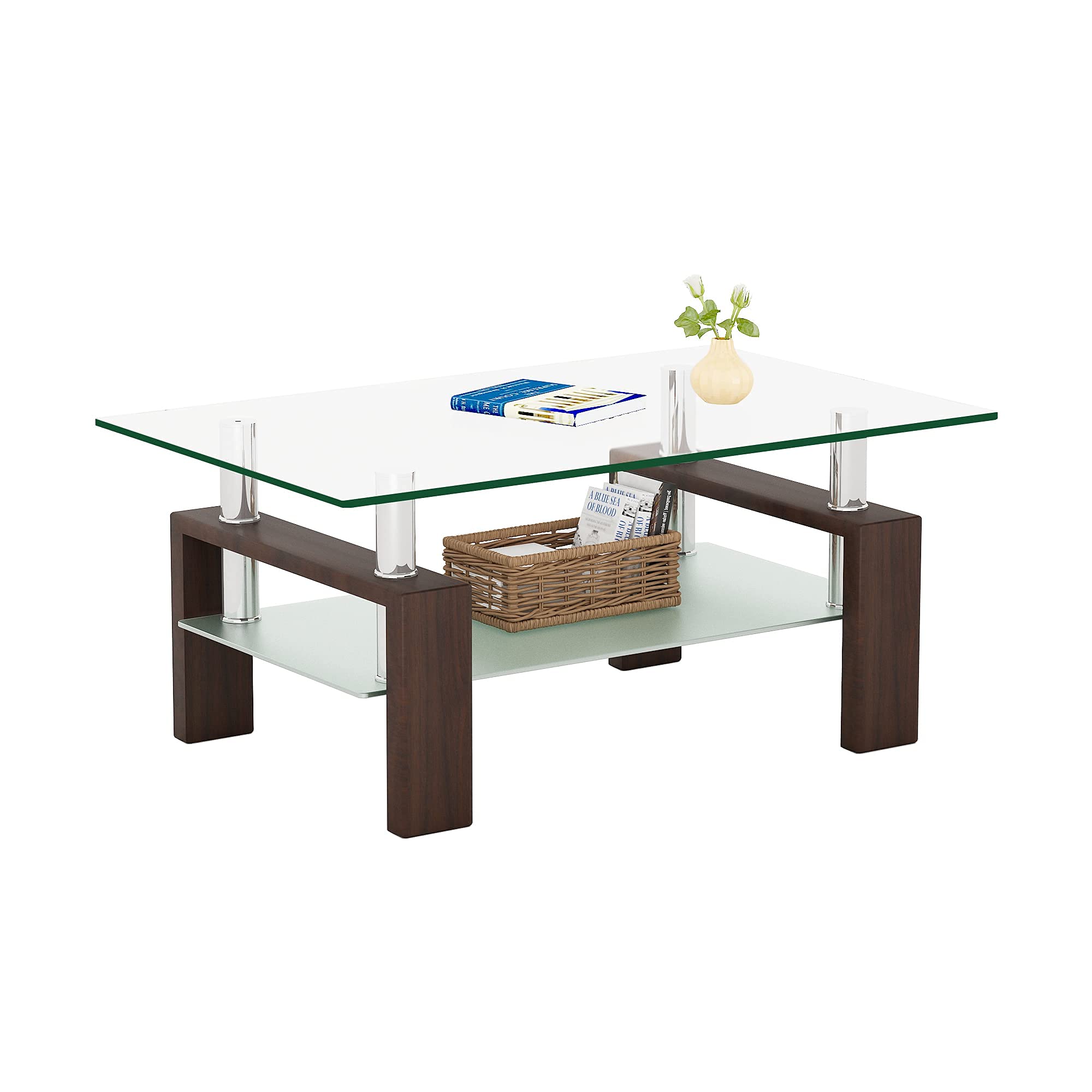 MeihuaRectangle Glass Coffee Table Modern End Table Metal Tube Legs for Livingroom Brown