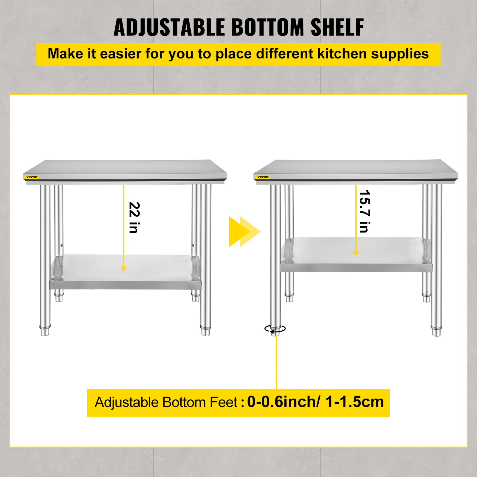 VEVOR 60x90x80cm Table De Travail De Cuisine Professionnelle en Acier Inoxydable Cuisine Table De Travail De Restauration pour Cuisine en Acier Inoxydable (60x90x80cm)