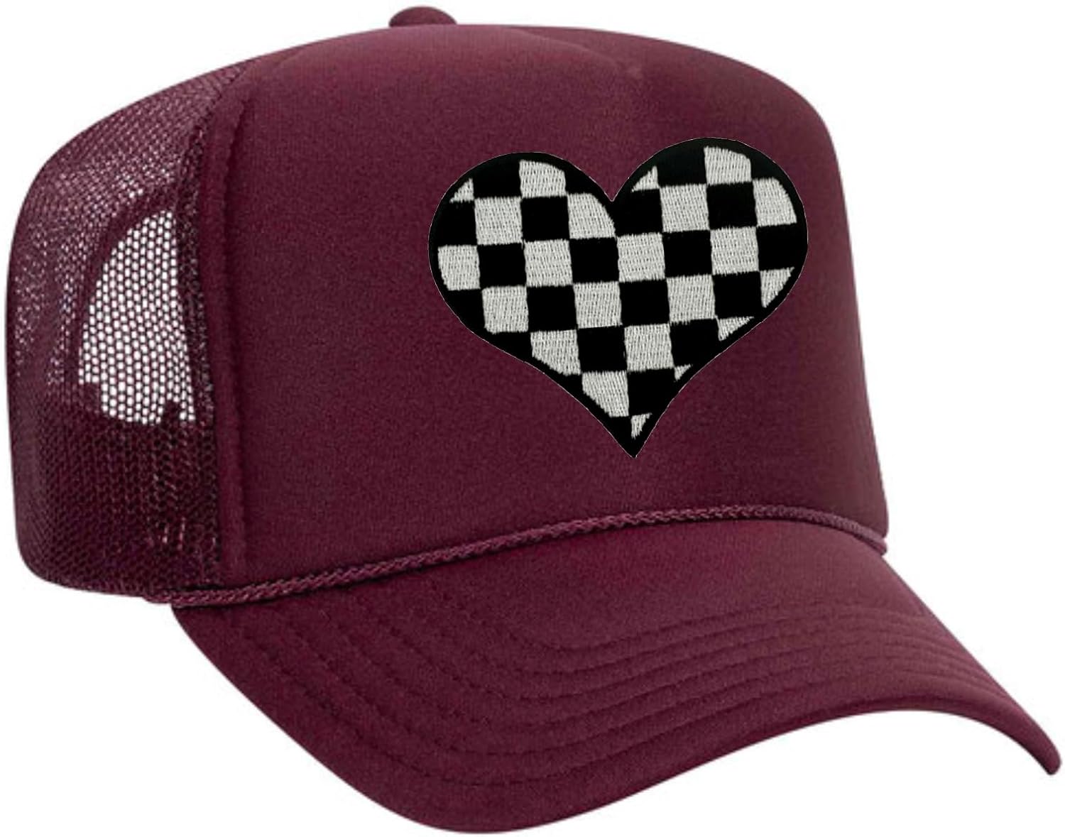 Checkered Heart Patch Trucker Hat - Black/White