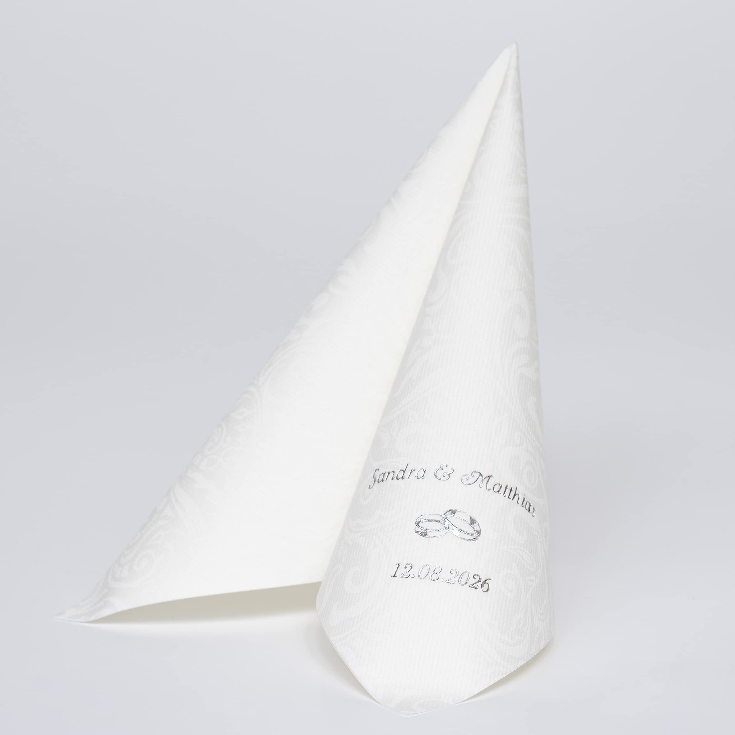 Personalisierte Hochzeitsservietten aus hochwertigem Premium-Line Material - STOFFÄHNLICH | mit exklusivem Prägedruck | VIPDEKO | Größe: 40 x 40 cm | ¼ Falz | Farbe: weiß. Für die Hochzeitstafel (75)