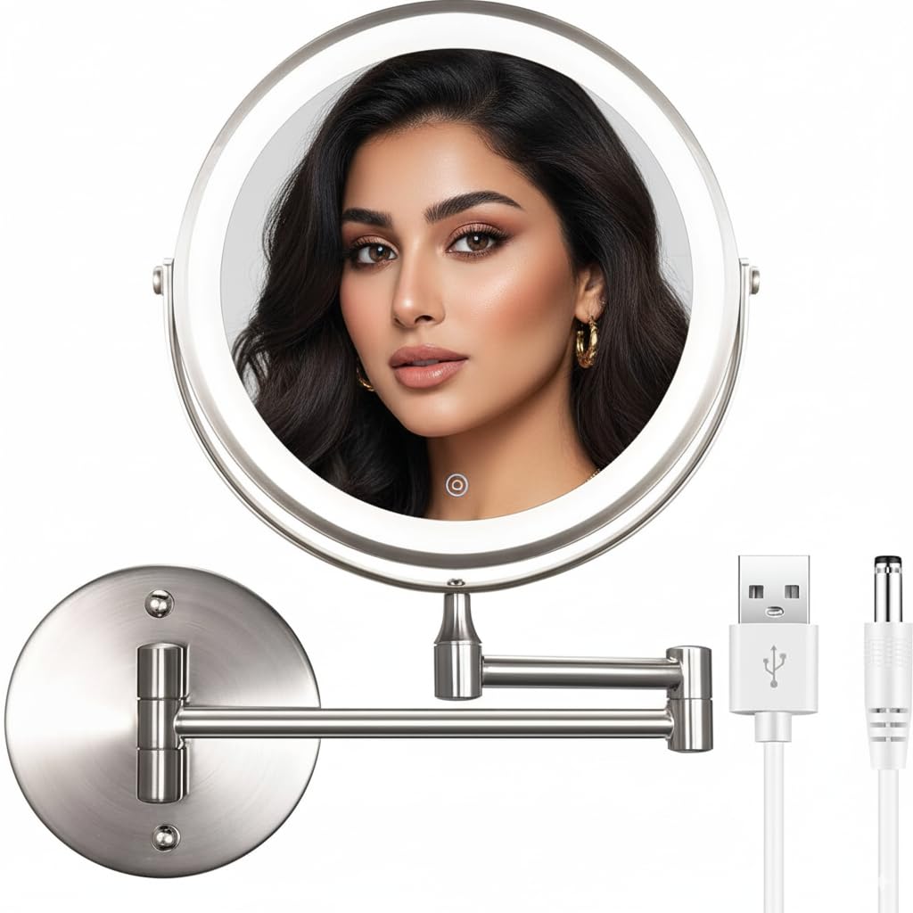 Rechargeable Wall Mounted Lighted Makeup Mirror – 8" Double-Sided 1X/10X Magnifying Mirror with 3 Color LED Lights, Touch Dimmable, 360° Swivel & Extendable Arm for Bathroom or Shaving