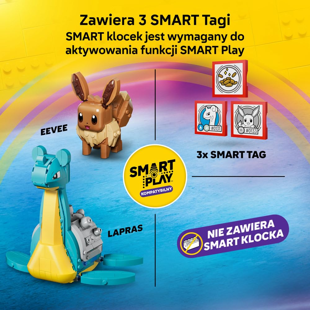 LEGO Pokémon SMART Play: Eevee i Lapras — poszukiwanie skarbów 72162 | Interaktywna zabawka z figurkami Pokémonów z klocków, zestaw kompatybilny, prezent dla dzieci 8+, 3 SMART Tagi, 623 elementy
