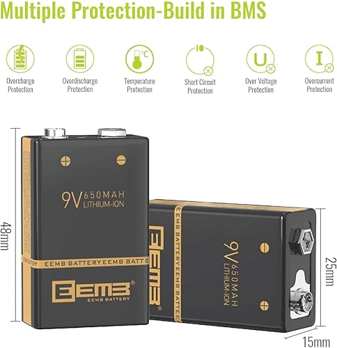 Miniatura 2 de EEMB LP - Cargador de batería recargable de iones de litio de 9 V para baterías de iones de litio 6F22 650mAh 9 voltios para alarma de humo, cámaras