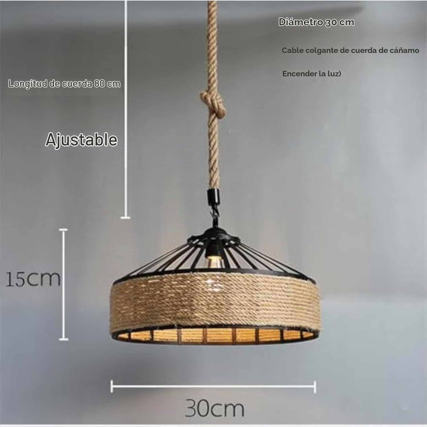 Lámpara colgante rústica Palma - con cordel tejido a mano, orientable 30 cm, casquillo E27, ideal como lámpara de salón o comedor - negra y cuerda