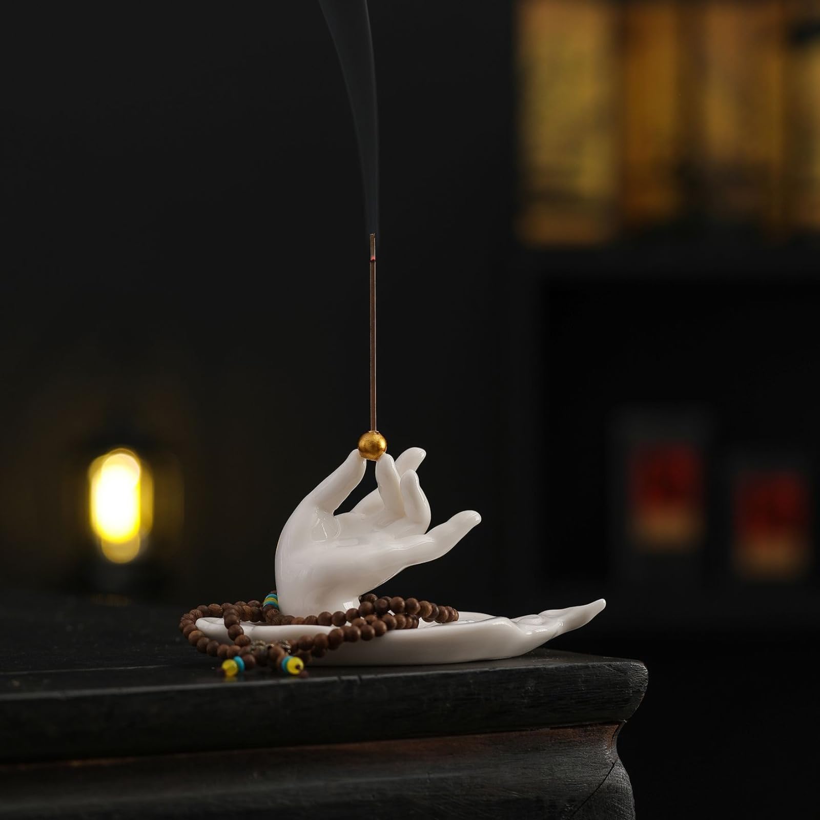 Porta incenso, 16,5 cm / 6.4in, in porcellana bianca, mano di Buddha