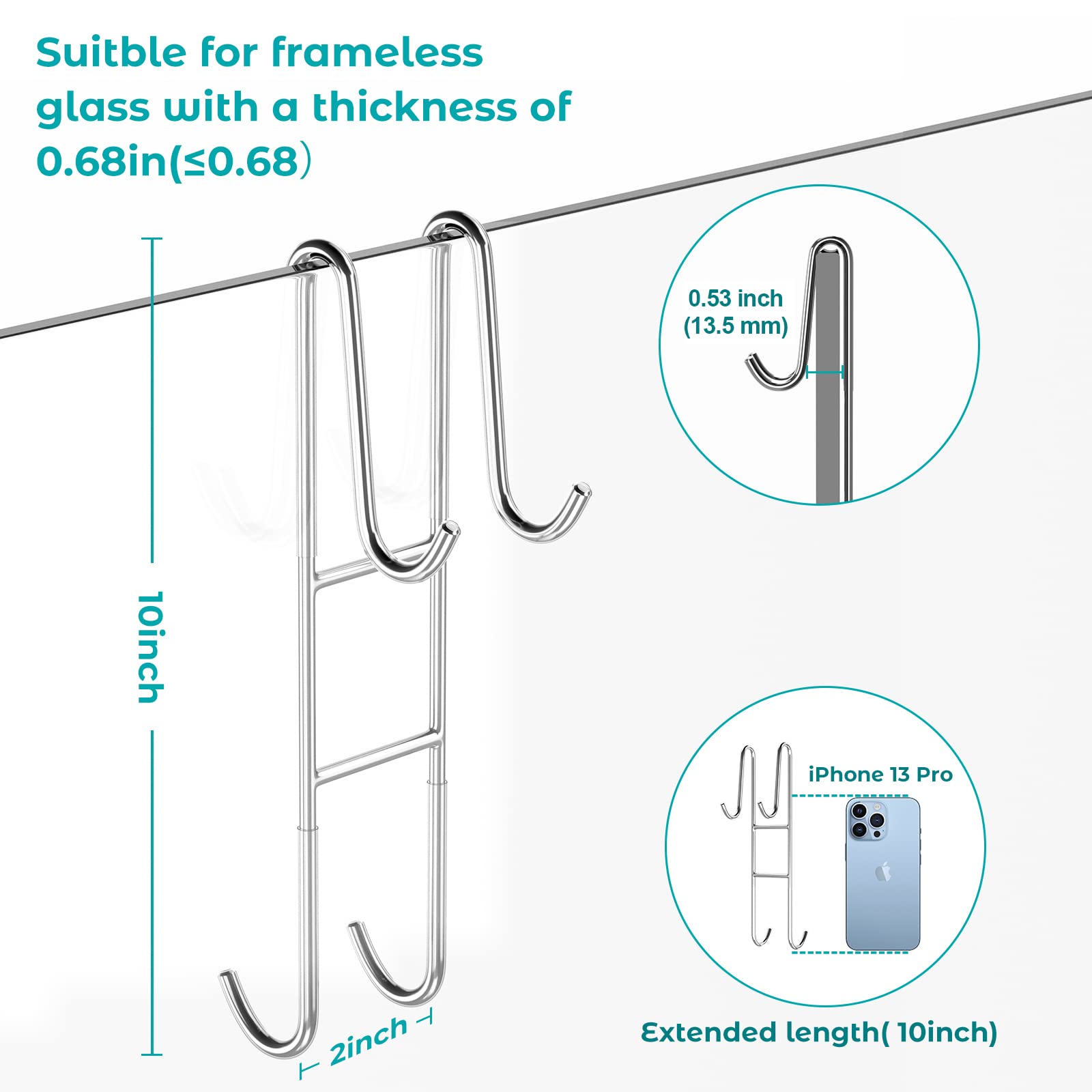 Shower Door Hooks (10 Inch), 2 Pack Extended Towel Hooks for Bathroom, Over Door Hooks, Shower Hooks for Frameless Glass Door, Silver