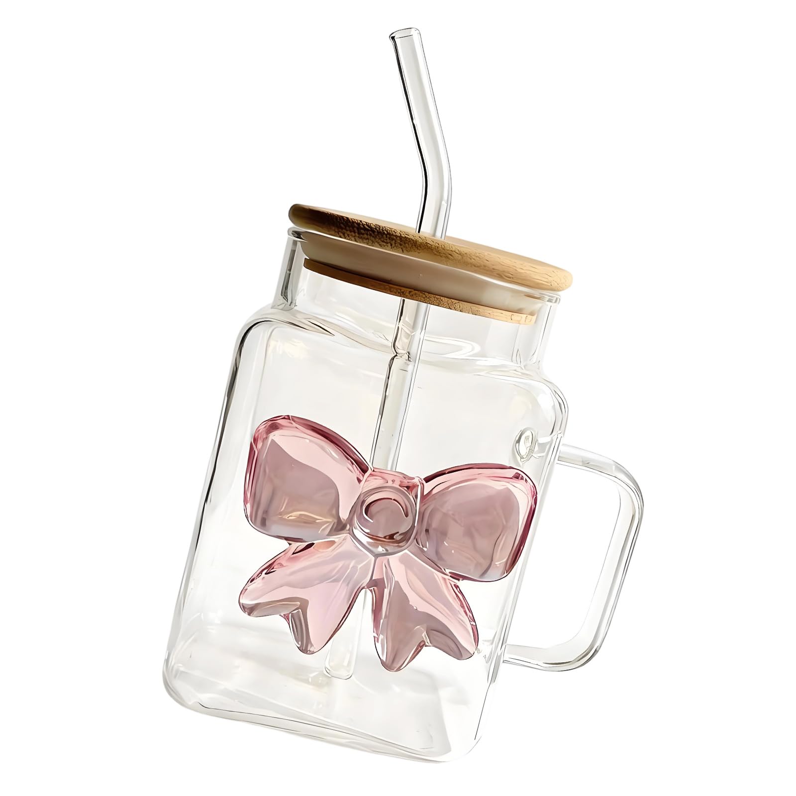 Kfwfuaee Premium Glass Tumblers with Ergonomic Handle and Straw Wooden Lid for Hot and Cold Drink Juices Coffee Tea Drinking Mug Wood Lid Drinking Glasses Mug