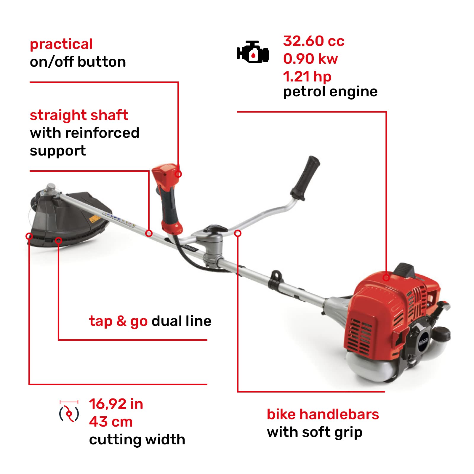 Mountfield MB33D - Desbrozadora, 43 cm de Ancho de Corte, Arranque fácil de Retroceso, Motor de Gasolina de 2 Tiempos, 32,6 CC, Manillar Estilo Bicicleta, Incluye Doble arnés, Rojo
