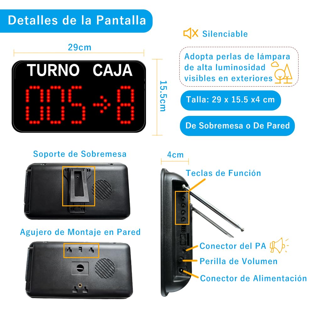 Pantalla de Su Turno(Llamada en Español) | 3 Dígitos, para Mostradores Múltiples, Botón de Llamada Gestión de Turno, Numero Turno | 1 Pantalla Su Turno+ 3 Botón de Llamada+1 Mando