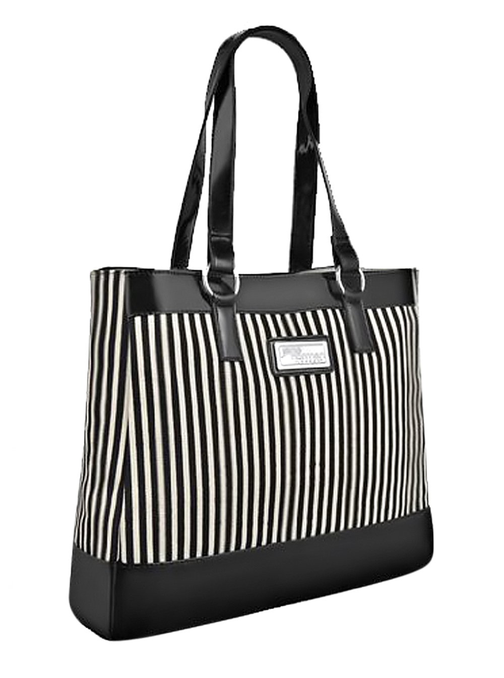 Eye Catch Ladies Striped Canvas Patent Faux Leather Womens Shoulder Bag Black White
