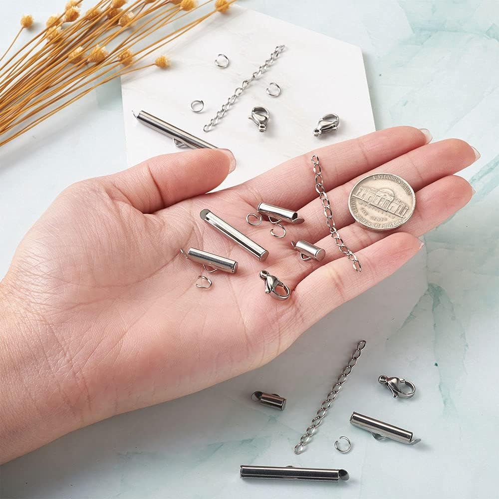 80pcs 304 Stainless Steel Slide On End Clasp Tubes Slider End Caps Crimp End Tube with Jump Rings Lobster Claw Clasps Chain Extender for DIY Bracelet Necklace Earrings Jewelry Crafts Making