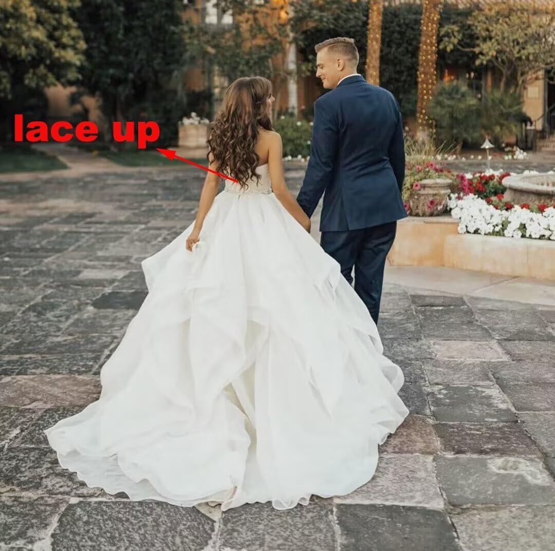 A-line Strapless Layered Organza Wedding Dresses for Bride, Plus Size Ruffled Bridal Gowns with Sweep Train