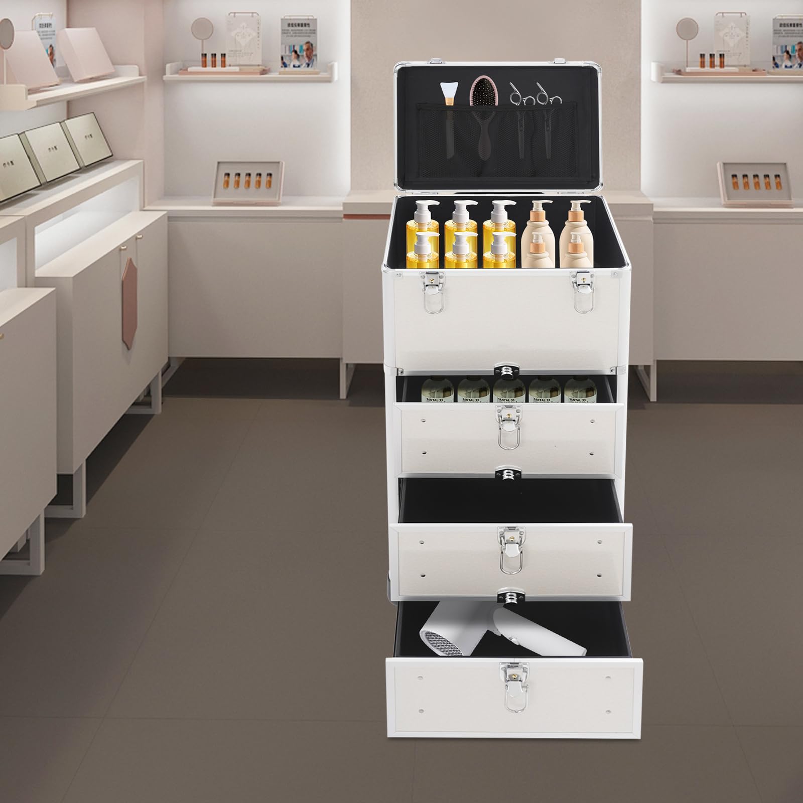 Kosmetikkoffer Trolley 3 Schubladen rollbar 360 Grad Rollen abschließbar | Großer Schminkkoffer mit höhenverstellbarem Griff 4 Rollen 6 Schlüssel geeignet für Make-up Künstler Friseure und Nagelstudio
