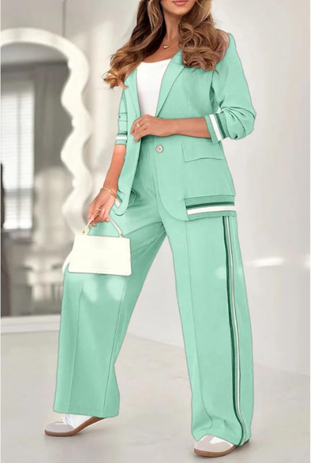 Solid Color Ribbed Lapel Suit Set Blazer Sets Women 2 Piece Outfits High Rise Straight Leg Pants Pinstripe