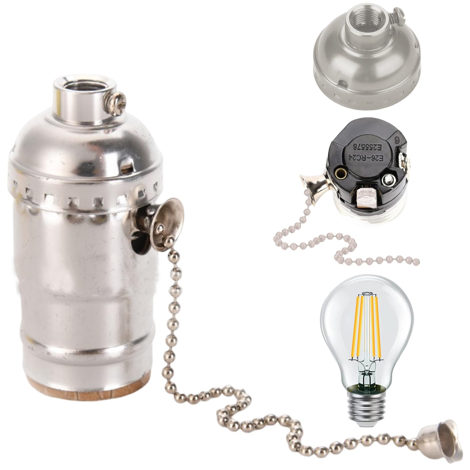 Screw Thread Lamp Socket – Silver, Pull Chain Light Socket for E26/E27