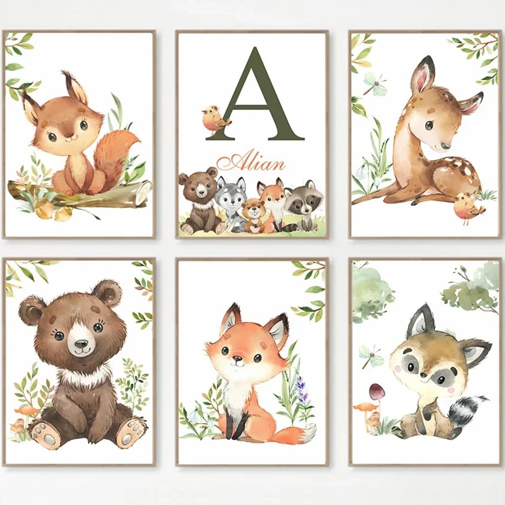Youihom 6 Quadro Animali Bosco Quadretti Personalizzati Bimba Poster con Lettere del Nome Bambini Stampe Cameretta Neonato Volpe Orso Scoiattolo Cervo Marrone Verde Quadri Tela 21x30 senza Cornice