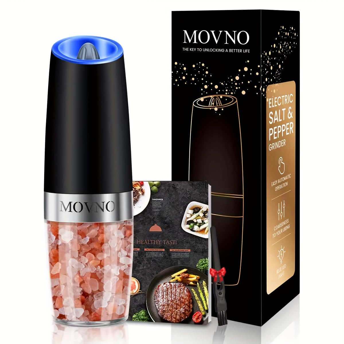 MOVNO 1Pcs Gravity Electric Salt and Pepper Grinder Set, Battery Powered LED Light One Hand Automatic Operation, Adjustable Coarseness Mill Grinders Shakers Stainless Steel, Kitchen Gadgets Gift Ideas