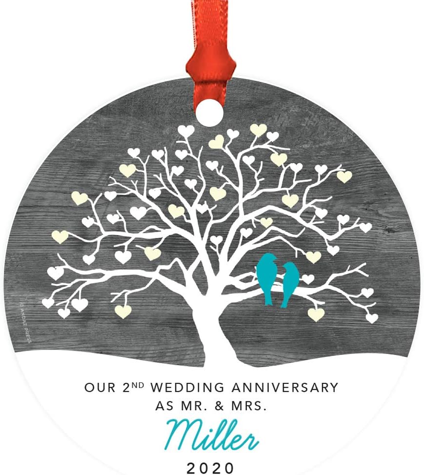 Andaz Press Personalized Round Metal Keepsake Christmas Ornament Gift, Our 2nd Anniversary as Mr. & Mrs. Miller Names Date 2026, 1-Pack, Custom, Includes Ribbon and Gift Bag