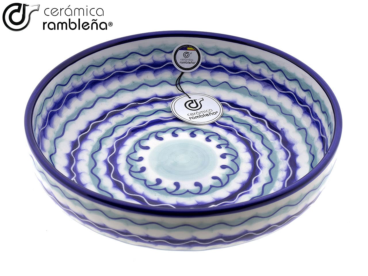 CERAMICA RAMBLEÑA | Ceramiczna miska sałatkowa | Oryginalne salaterki | Salaterki Dekoracja Niebieski - Model 18 | 100% ręcznie robiona dekoracja | 27x27x7 cm