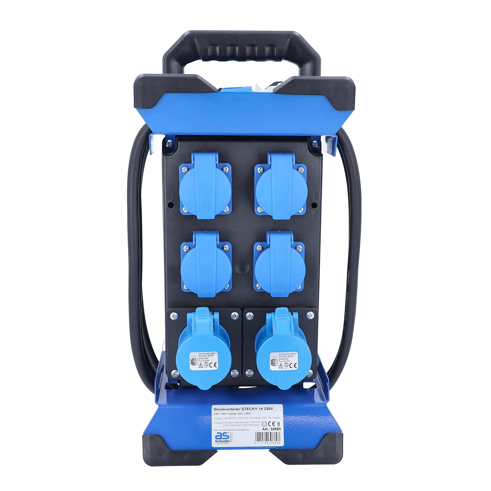 as - Schwabe Tragbarer CEE-Stromverteiler Stecky 14, CEE-Stecker + 4 Schutzkontakt-Dosen + 2 CEE-Buchsen, Mobiler Stromverteilerkasten, Verteilerdose für den Outdoor-Bereich, IP44, Made in EU, 60869