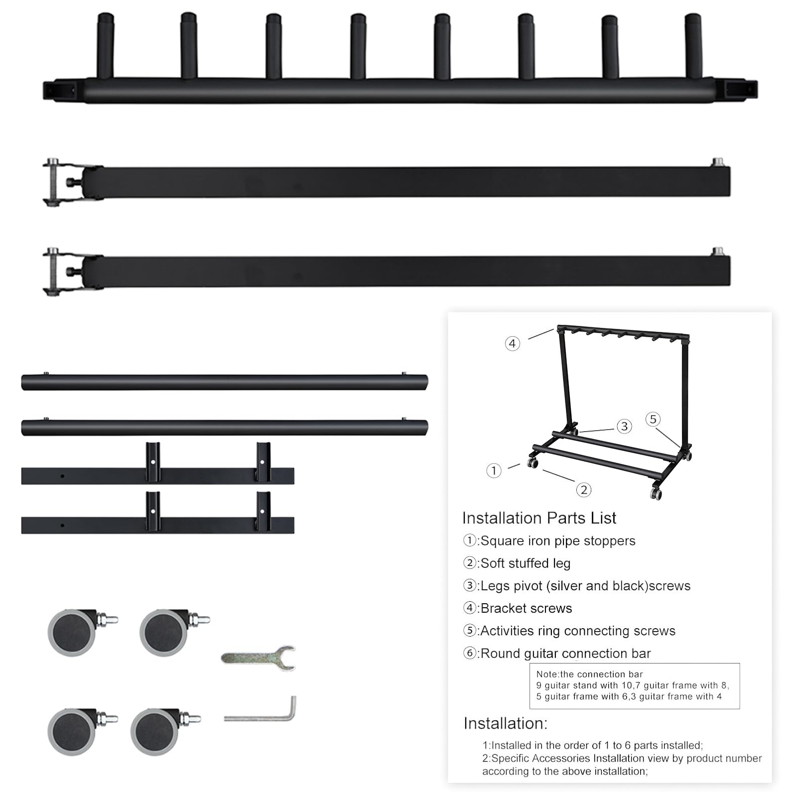 Supporto per chitarra multi con ruote, 7 supporti, pieghevole, con imbottitura in gomma antiscivolo, per casa, palco, basso, acustico, elettrico, studio