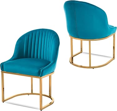 Velvet Dining Chairs Set of 2, Modern Barrel Dinning Room Chairs with Golden Frame Upholstered Kitchen Chairs Armless Accent Side Chairs for Living Room/Kitchen/Dining Room/Hotel, Teal Blue