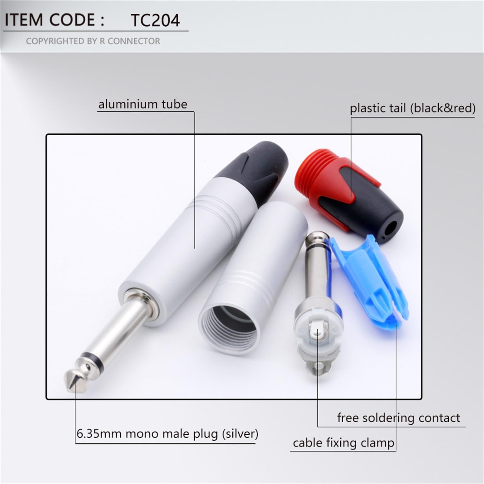 10 pezzi mono 6,35 mm jack 1/4" 6,3 mm maschio connettore cavo saldatore tubo alluminio presa microfono audio (rosso)
