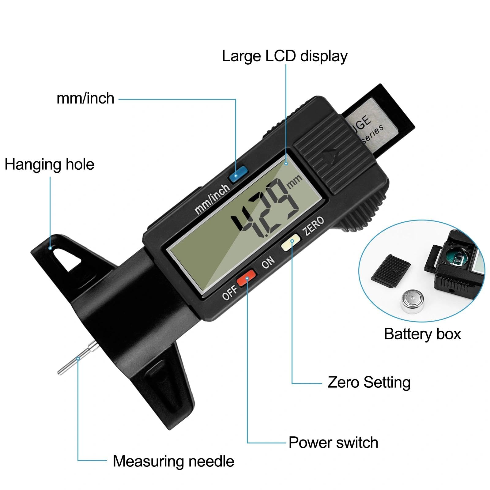 Gvolatee 2 piezas Digital Medidor Profundidad Neumaticos, Medidor de Profundidad de los Neumáticos con Pantalla LCD, Medidor Banda de Rodadura de Neumáticos para Coches Furgonetas Camiones Motocicleta