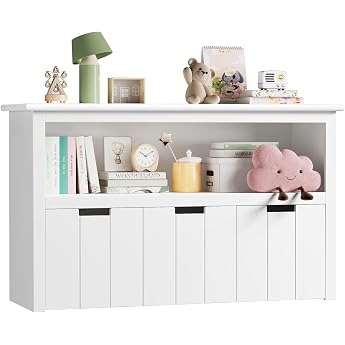 FOREHILL Children's Shelf with Boxes on Wheels Toy Storage Children's Room Furniture Toy Shelf Children's Cabinet Shelf with 3 Boxes Chests & Boxes for Children 102 x 33 x 61.5 cm White