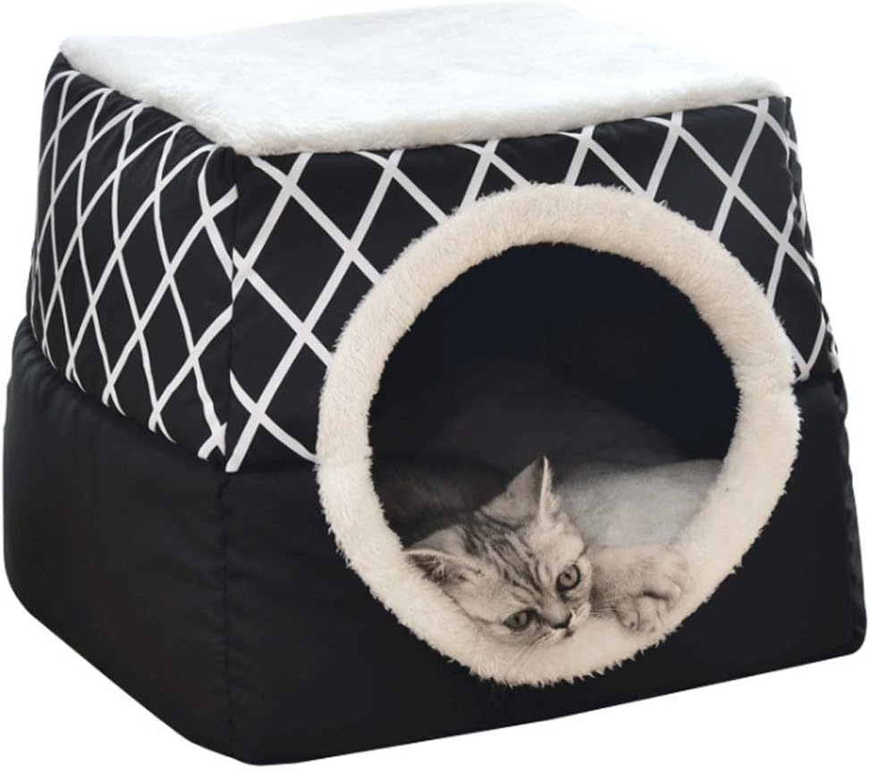 laamei Cat House Bed, Cat Cave Bed, Pet Bed Cat Igloo 2-in-1 Outdoor and Indoor Cat Nest/Cat Condo & Cat House Enclosed Cat Cube Cozy Bed Large Black