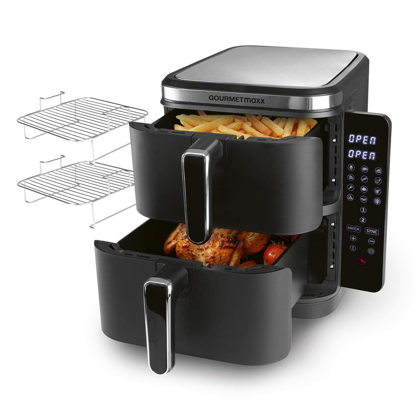GOURMETmaxx FryUp Friggitrice verticale ad aria calda a doppia camera | Friggitrice 10 litri | 4 piatti su 4 livelli | Display touch richiudibile | 32% in più di risparmio di spazio | Calda 2 camere