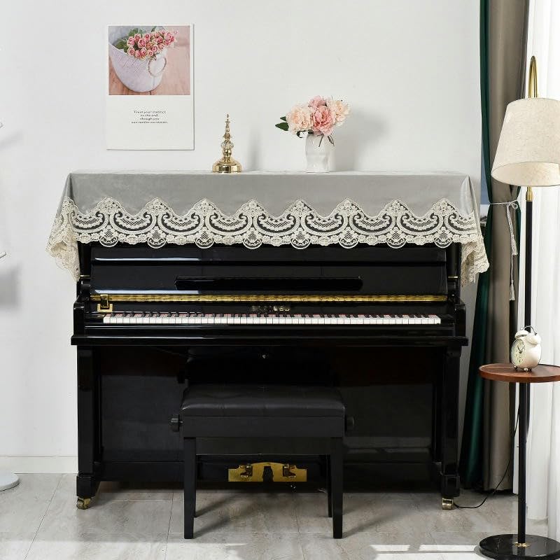 Klavier-Staubschutz, Klaviertastatur-Abdeckung, 200 x 70 cm, blau-goldener Samt, Spitze, Rüschen, Staubschutz for aufrechtes Klavier, mit Hocker-Abdeckung, halber aufrechter Klavierbezug, Stoff, Sonne