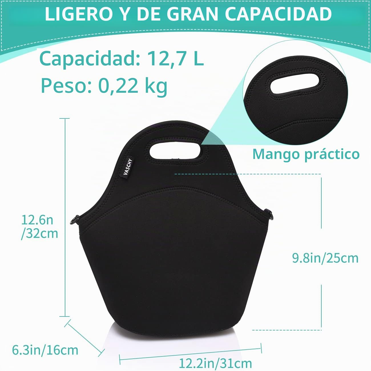 VASCHY Bolsa Termica porta Alimentos, Bolsa Comida Trabajo Bolsa Neopreno Almuerzo para Mujer Hombre Bolso Bandolera Isotermica con Correa para el Hombro Para Escuela Oficina Picnic Playa, Negro