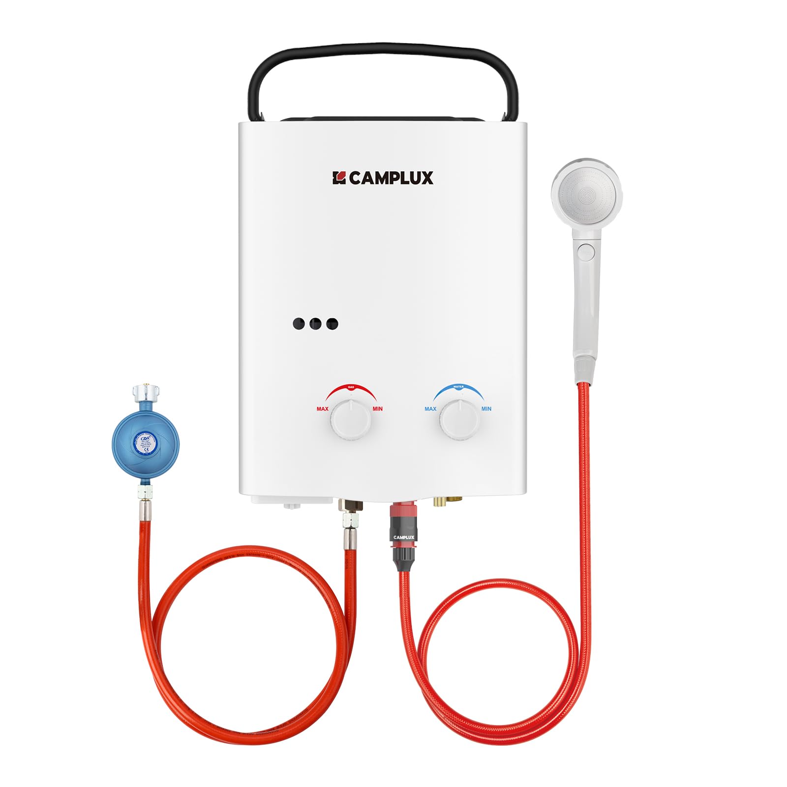CAMPLUX AY132-DE 5 Liter Tankless Gasdurchlauferhitzer 50mbar, LPG Durchlauferhitzer mit Tragbarer Griff, 10 kW, Propan- oder Butangas, Campingdusche