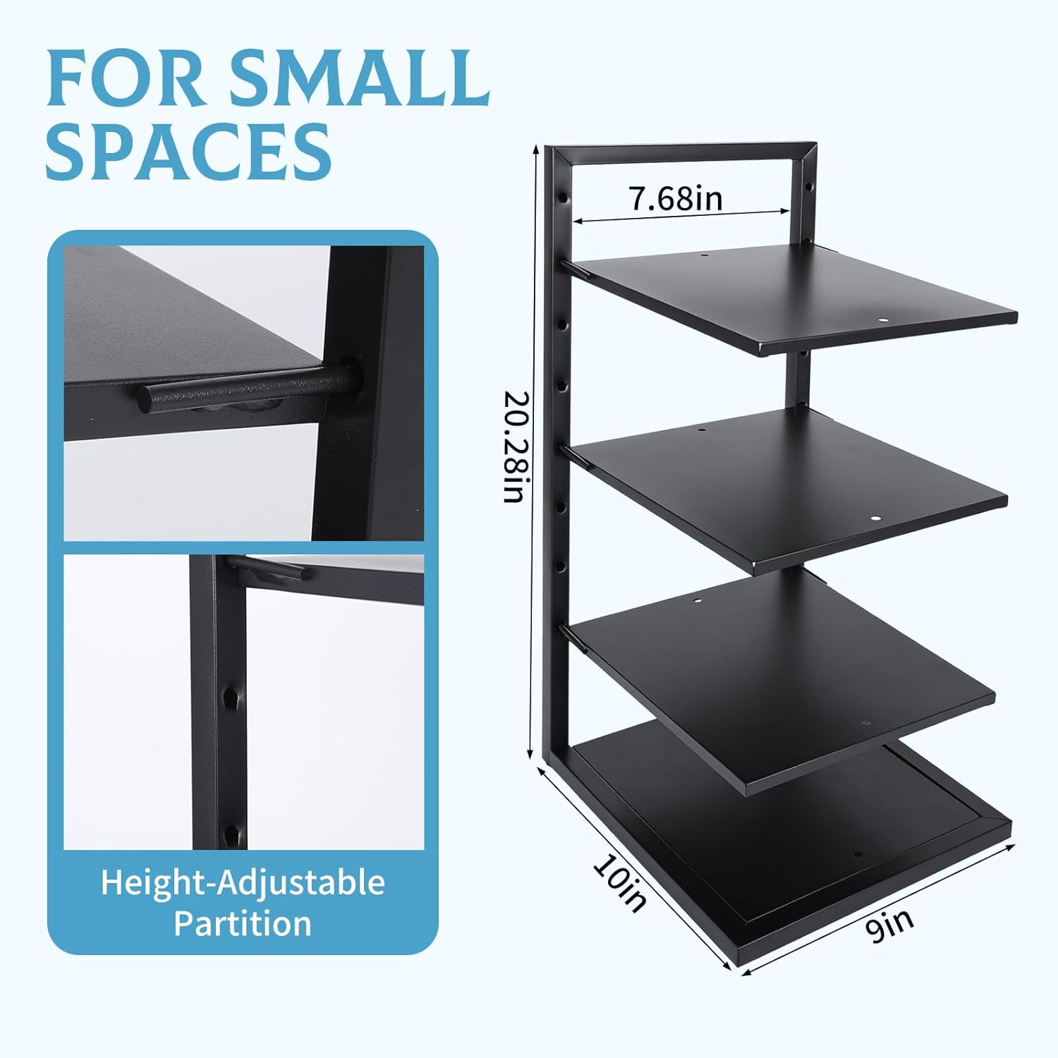 Rainmae 4-Tier Small Metal Bookshelf for Desktop, Adjustable Height Modern Bookcase, Space-Saving Book Storage Display Shelf Tabletop Organizer for Bedroom, Living Room, Office, Black