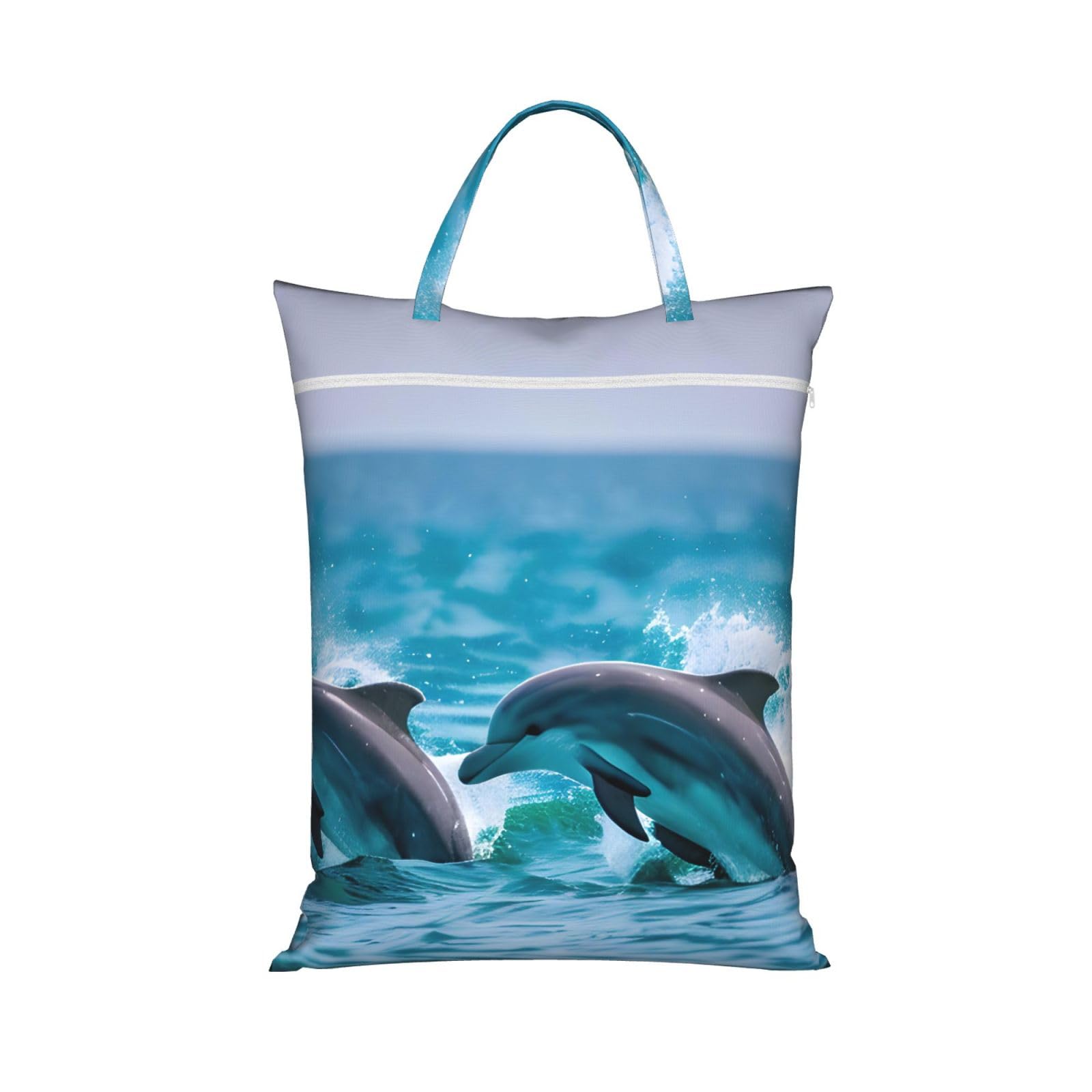 Dolphins In The Sea Print Travel Laundry Bag Foldable Lightweight Camping Beach Dorm Weekend Getaways