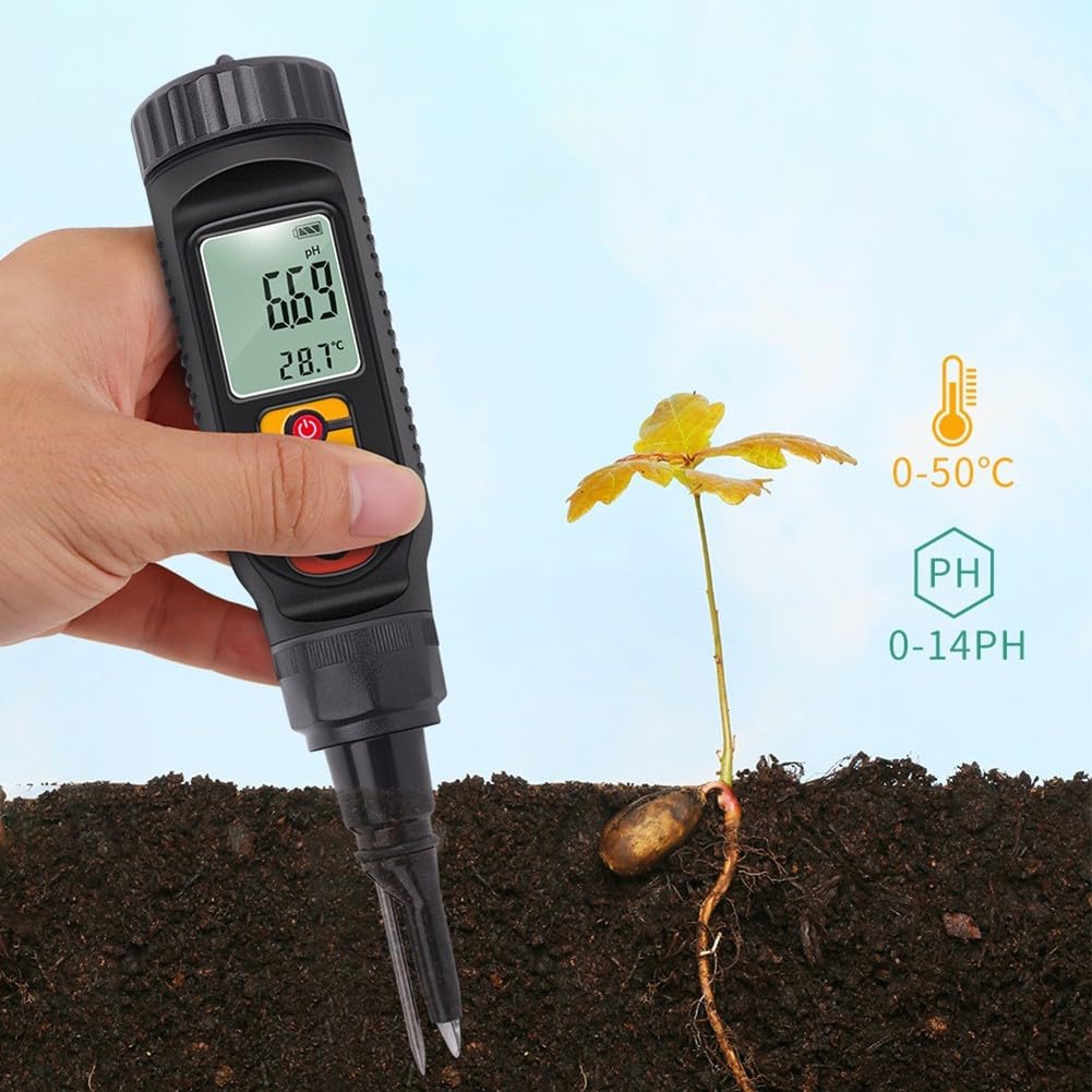 Digitales Boden-pH-Messgerät 3-in-1 mit Temperatur- und Feuchtigkeitstest für Gartenpflanzen, Gemüse, Obst, Brot, Milchprodukte, geeignet für Lebensmittel und Pflanzenpflege