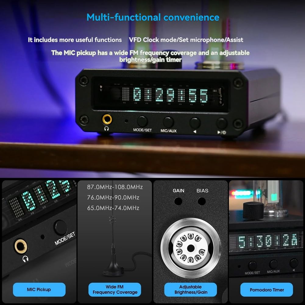 P2-FM Magic 6E2 Preamplificatore Amplificatore per Cuffie Stereo con Indicatore del Livello Radio FM Orologio VFD Spina UE