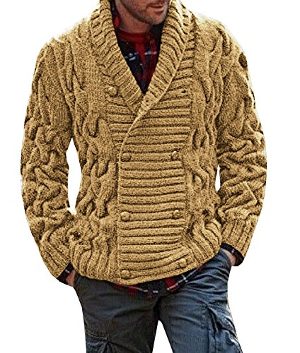 Karlywindow Mens Thick Shawl Collar Double Breasted Cable Knitted Cardigan Sweaters (X-Large, Khaki)