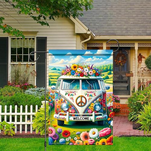 Image of Nuxovilar Welcome Garden Flag 12x18IN | Retro Van Peace Welcome Yard Porch House Double - Side For Home Outdoor Decor