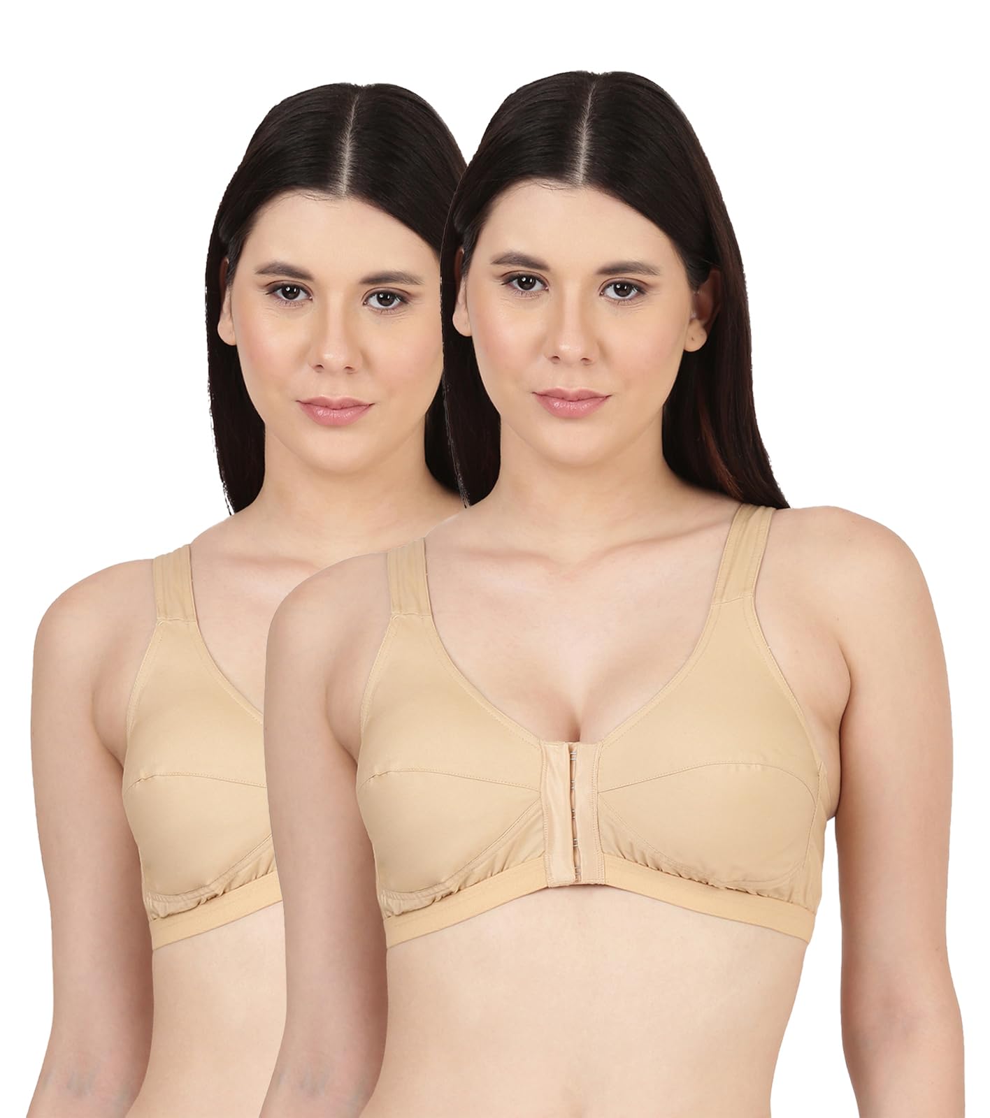 blossom Women's Seamed, Double Layered Full Coverage Non Wired Non Padded 100% Cotton, Front Open Bra [ Madams, Skin/White ]-picture-37
