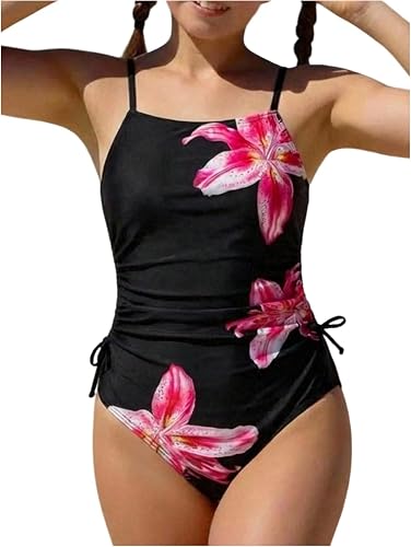 Verdusa Girl's One Piece Boho Floral Swimsuit Sleeveless Bow Tie Ruched Summer B